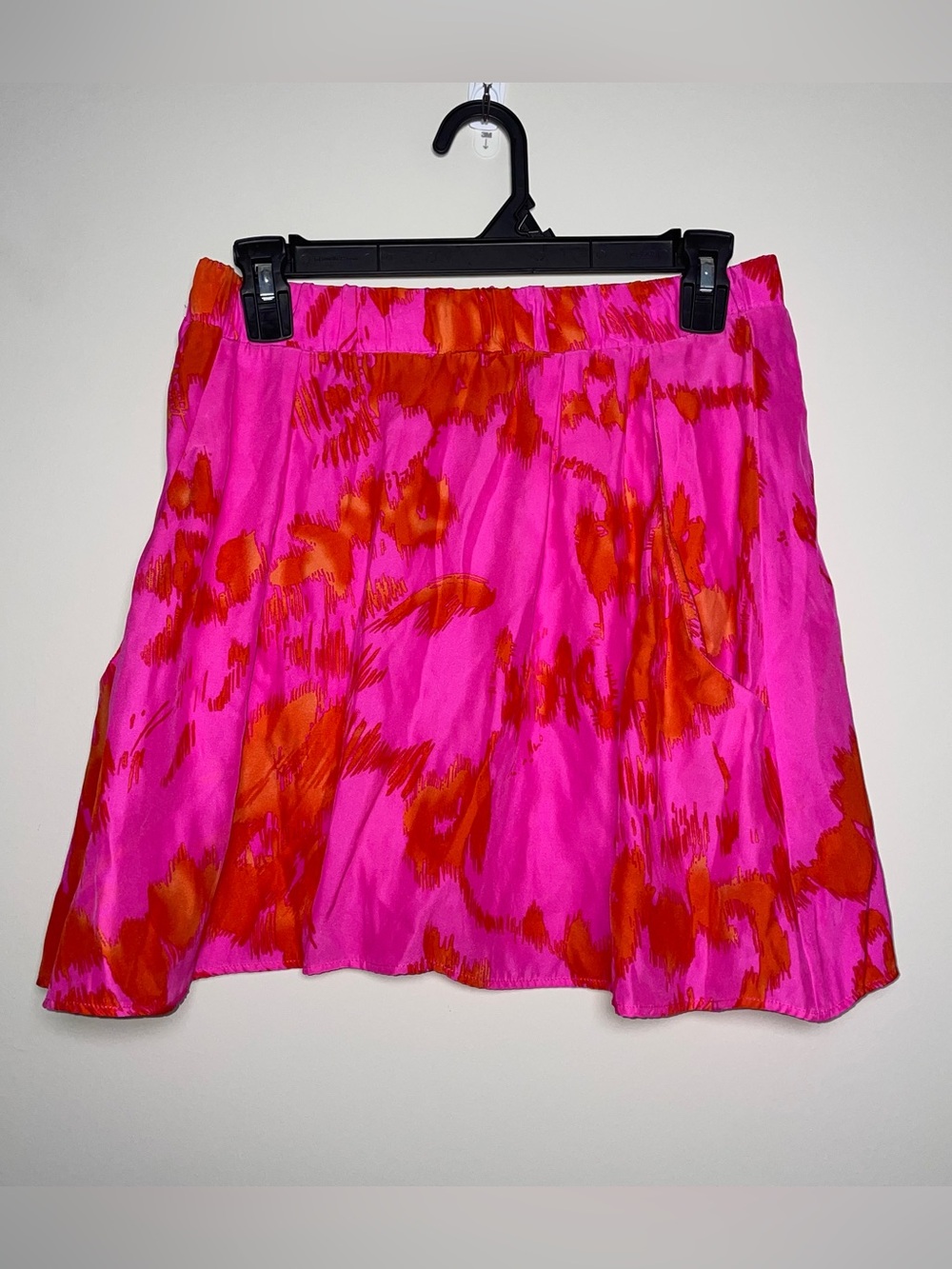 Britt Ryan S Bright Pink Orange 100% Silk Elastic Waist Mini Skirt Pockets